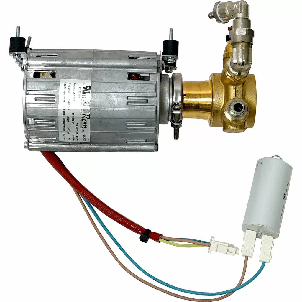 The Lelit 1000163 Motor Pump Assembly 110V features a brass pump, red hose, electrical wiring, and a white cylindrical capacitor—all displayed on a white background. © 2025 1st-line.com