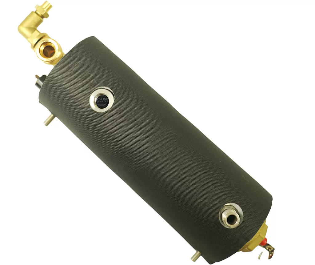 The Lelit 1000165 110V Coffee Boiler Assembly is a cylindrical metal component with a textured dark surface, brass fittings, and metal connectors on both ends, shown against a white background. © 2025 1st-line.com