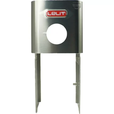The Lelit 1400102 Body Panel is designed for espresso machines, featuring a central circular cutout, two downward prongs, and the red Lelit logo at the top. © 2025 1st-line.com