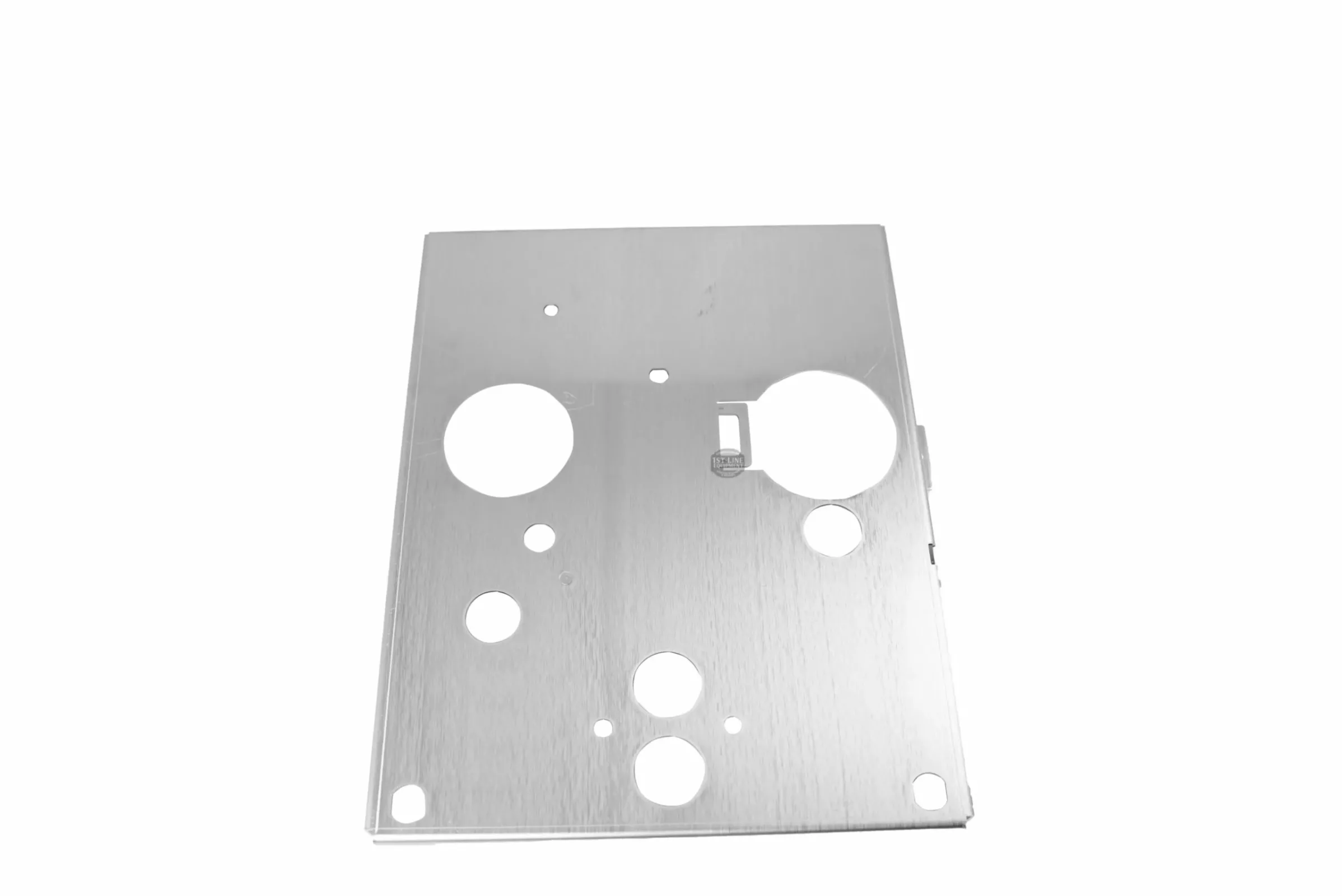 The Lelit 1400157 Inside Front Frame is a rectangular metal plate with a brushed finish, featuring multiple circular and irregular cutouts of various sizes, shown isolated on a white background. © 2025 1st-line.com