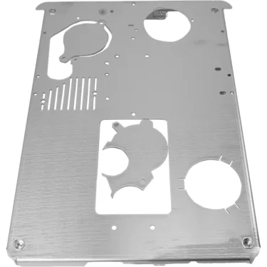 The Lelit 1400158 Bottom Body Panel is a flat, rectangular metal plate with cutouts, holes, and indents, designed for use as a chassis component in Lelit electronic or computer hardware. © 2025 1st-line.com