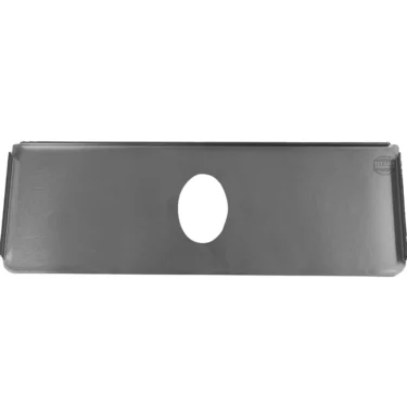 The Lelit 1400191 Water Tank Cover is a rectangular metal plate with a central oval cutout and raised edges, designed to cover unused holes in sinks or countertops. Compatible with water tanks and suitable as a deck plate. © 2025 1st-line.com