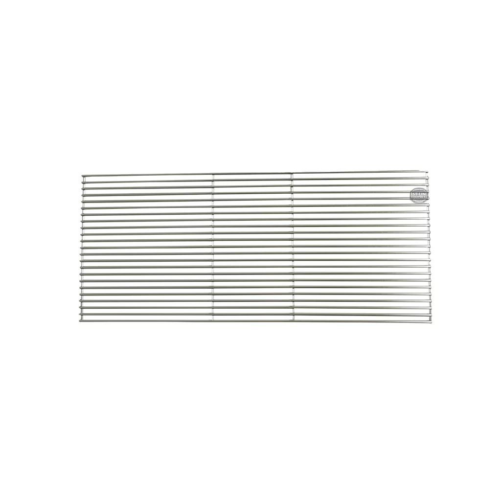 The Lelit 1600046 Drip Tray Grate is a rectangular metal grate with parallel horizontal rods and a small circular label on the upper right, shown against a white background. © 2025 1st-line.com