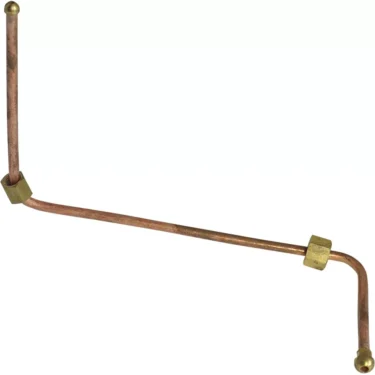 The Lelit 2100026 Copper Tubing features brass fittings on both ends and one in the middle, has an irregular angular bent shape, and is ideal for plumbing or gas setups. Read the warning before ordering. © 2025 1st-line.com