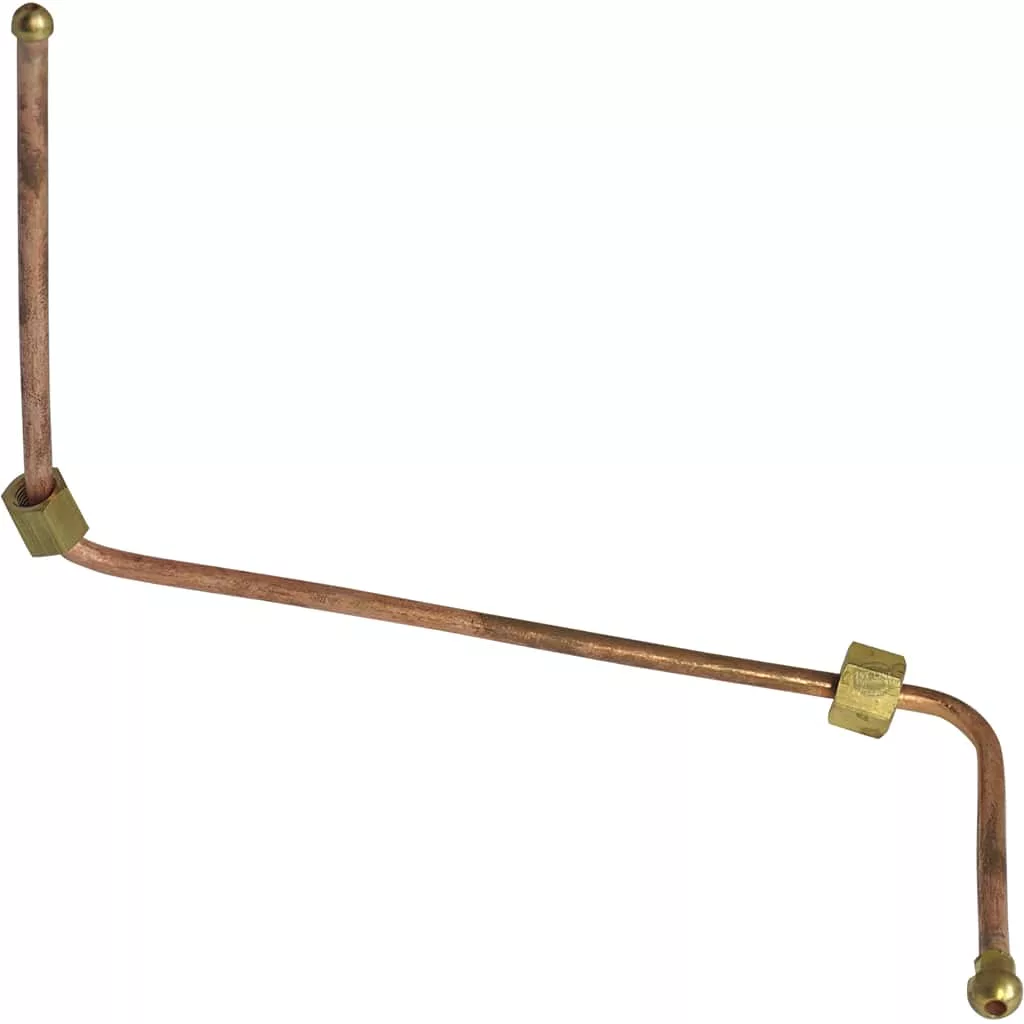 The Lelit 2100026 Copper Tubing features brass fittings on both ends and one in the middle, has an irregular angular bent shape, and is ideal for plumbing or gas setups. Read the warning before ordering. © 2025 1st-line.com