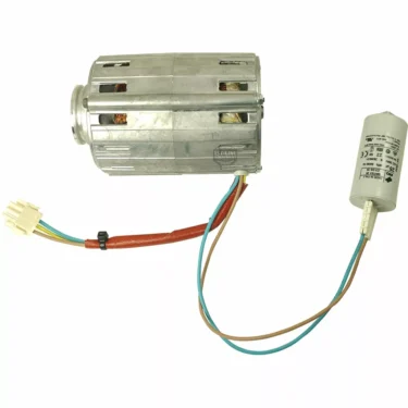The Lelit 9600047 Pump Motor 110V is a cylindrical motor with visible copper windings, attached wires, a connector plug, and a white capacitor connected by brown and blue wires, all shown on a white background. © 2025 1st-line.com
