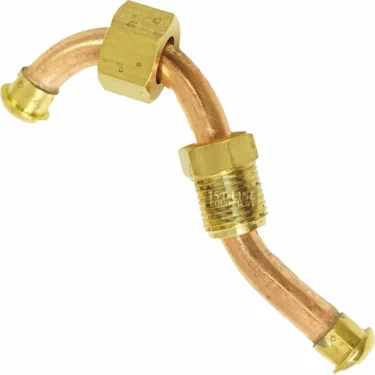 The Lelit MC964 Copper Pipe for Water Exit features a curved copper design with brass fittings at both ends and in the middle, ideal for plumbing or refrigeration uses and specifically compatible with Lelit MC964 systems. © 2025 1st-line.com