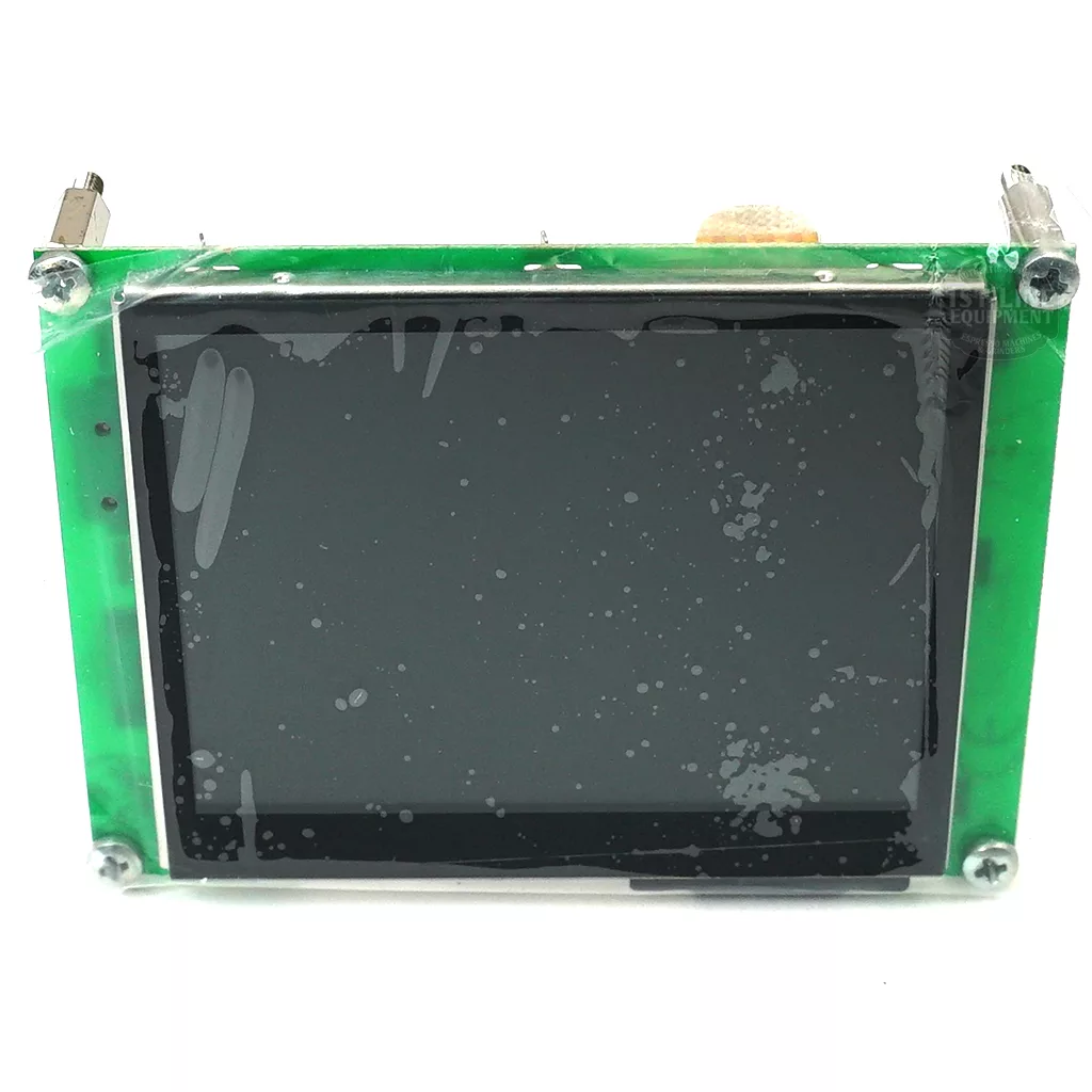 The VBM ELETDISPLAYDOMSUJU Display for 2021+ VBM Domobar Super Digital Espresso Machine is a small rectangular module with a black screen, visible smudges and residue, mounted on a green circuit board with four corner screws. © 2025 1st-line.com