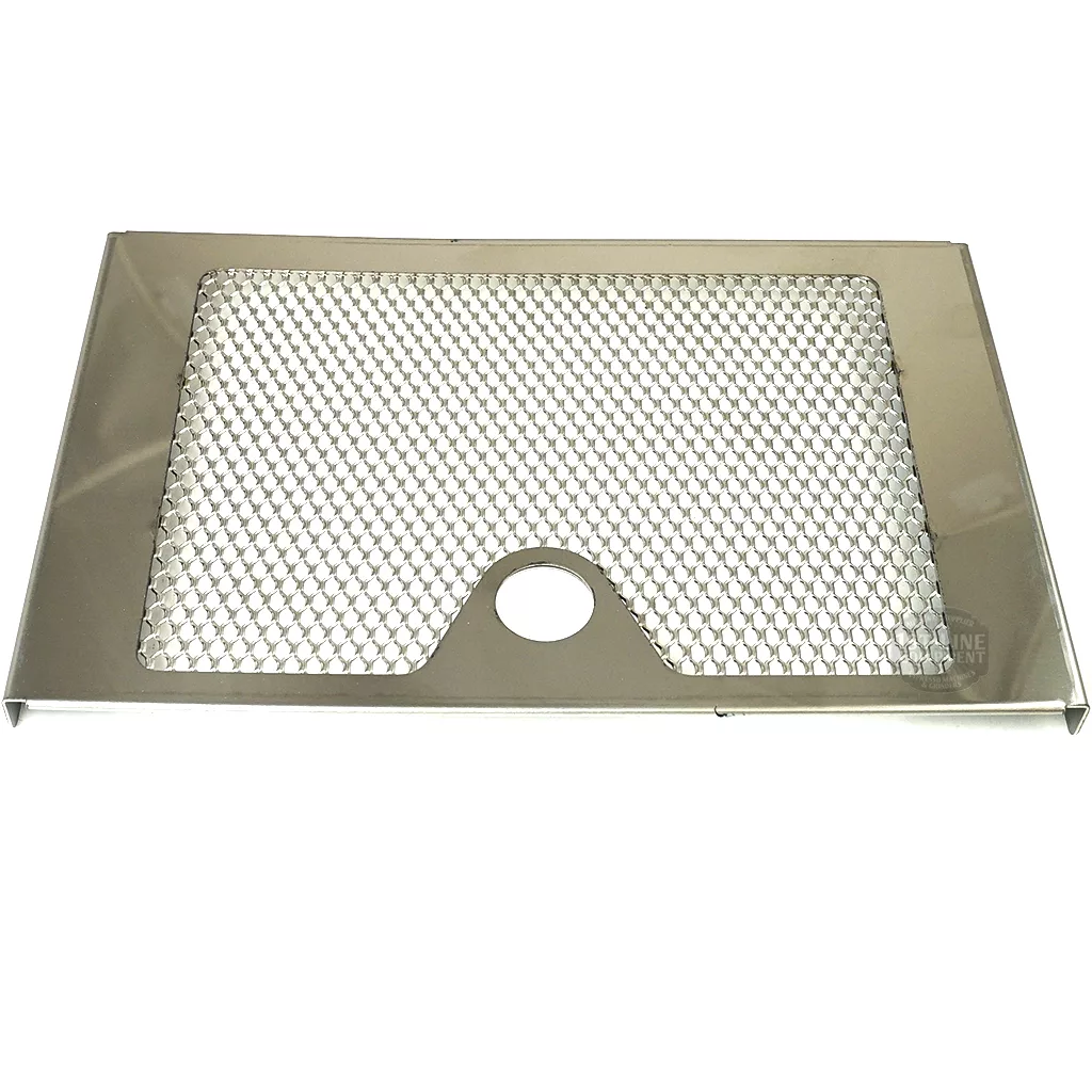The VBM GRIGCSDOMSAR2 Super Drip Tray Cover (pre 2020 new style) features a rectangular metal mesh grate with a honeycomb pattern, central circular hole, and solid metal border, designed for pre-2020 VBM models. © 2025 1st-line.com