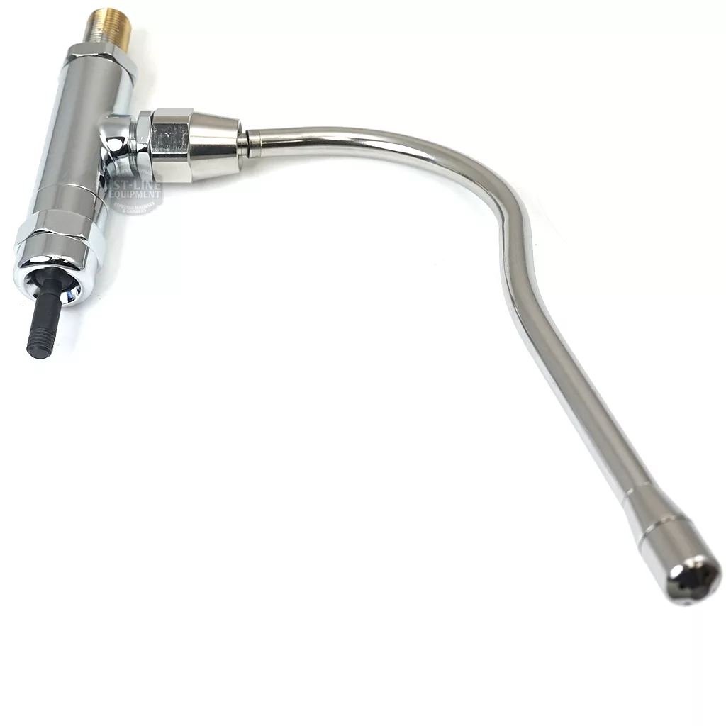 The VBM RACCRUBVALOLLOI Complete Stainless Steel Steam Tap for Lollo features a curved spout and threaded connector, making it ideal for installation on a filter system or water dispenser. Inspired by the VBM Lollo design. © 2025 1st-line.com