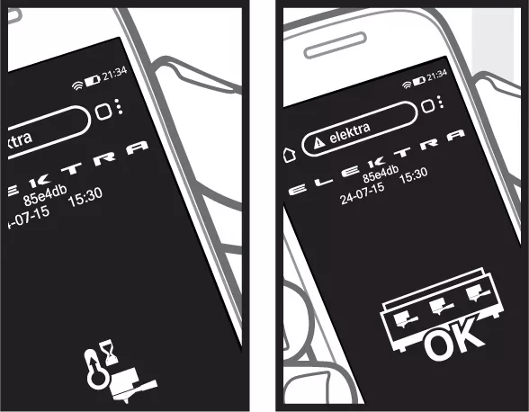 Two black-and-white illustrations show a mobile device screen with the word elektra typed. The left screen displays warning icons for WiFi connection issues, while the right shows an OK sign and a checkmark at the bottom. © 2025 1st-line.com