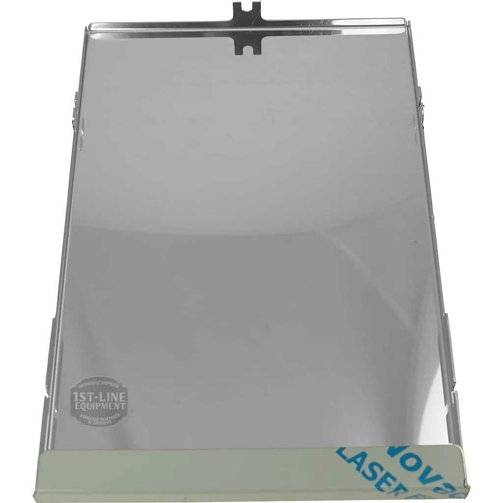 An ECM P9030 Back Side Body Panel, a rectangular reflective acrylic mirror sheet with a protective film partially peeled at the bottom right corner, is shown upright against a plain white background. © 2025 1st-line.com