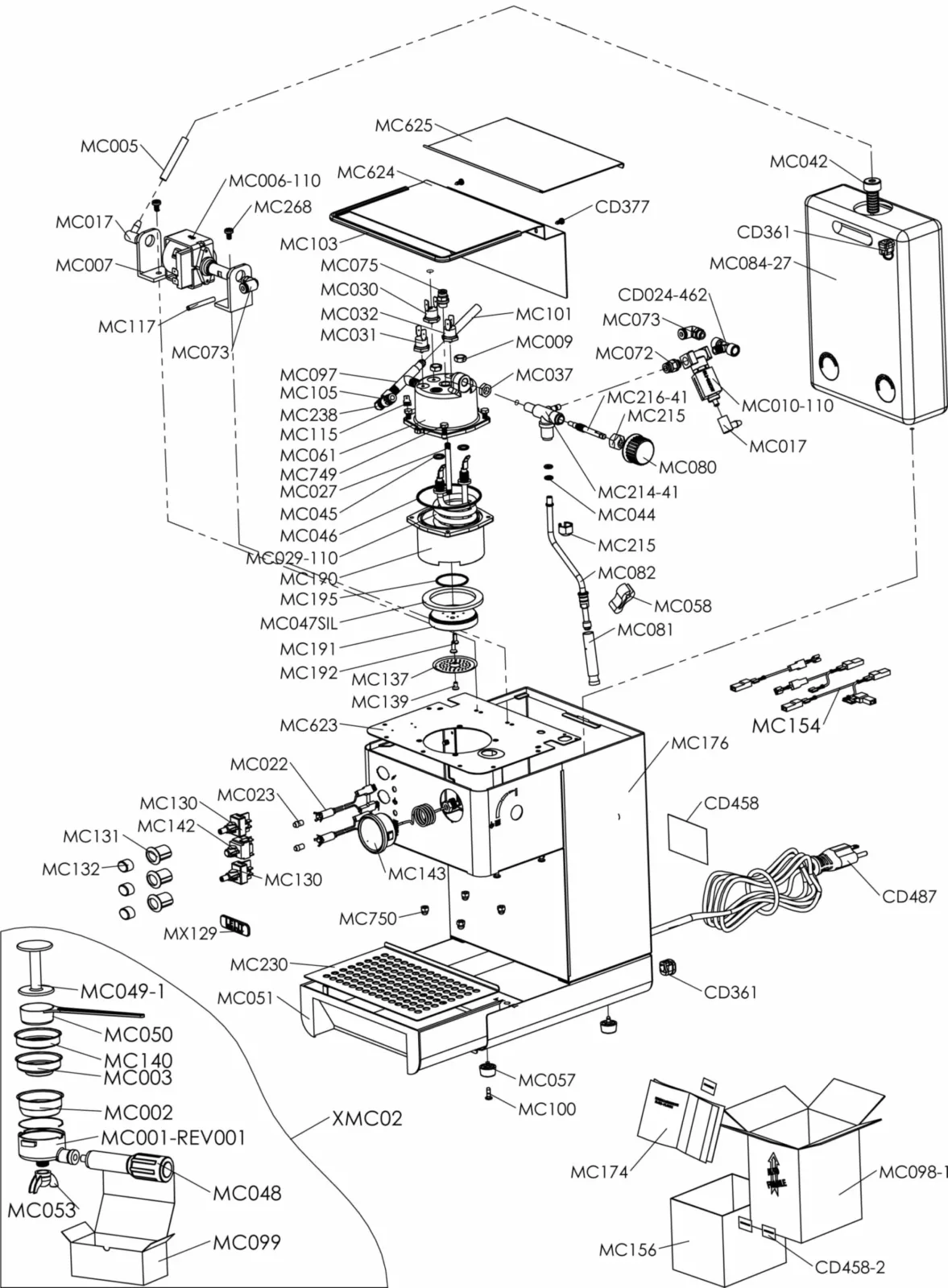 Exploded diagram of a coffee machine with each part labeled by codes, showing detailed internal and external components, including the boiler, drip tray, knobs, and screws, arranged for assembly reference. © 2025 1st-line.com