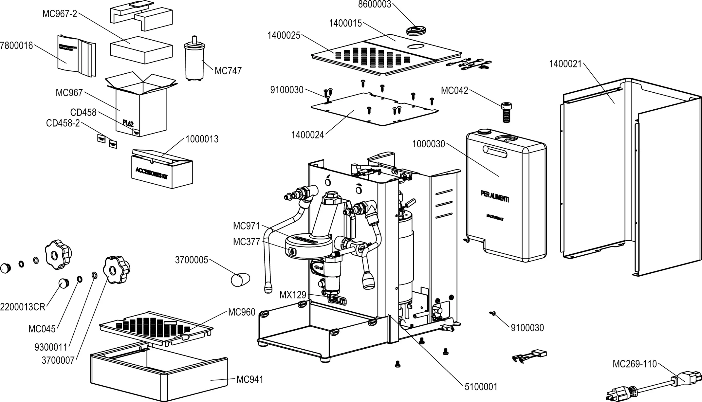 Exploded diagram of a coffee machine with labeled parts, including the exterior panels, water tank, drip tray, brewing mechanism, circuit board, screws, and other components, showing how each piece fits together. © 2025 1st-line.com