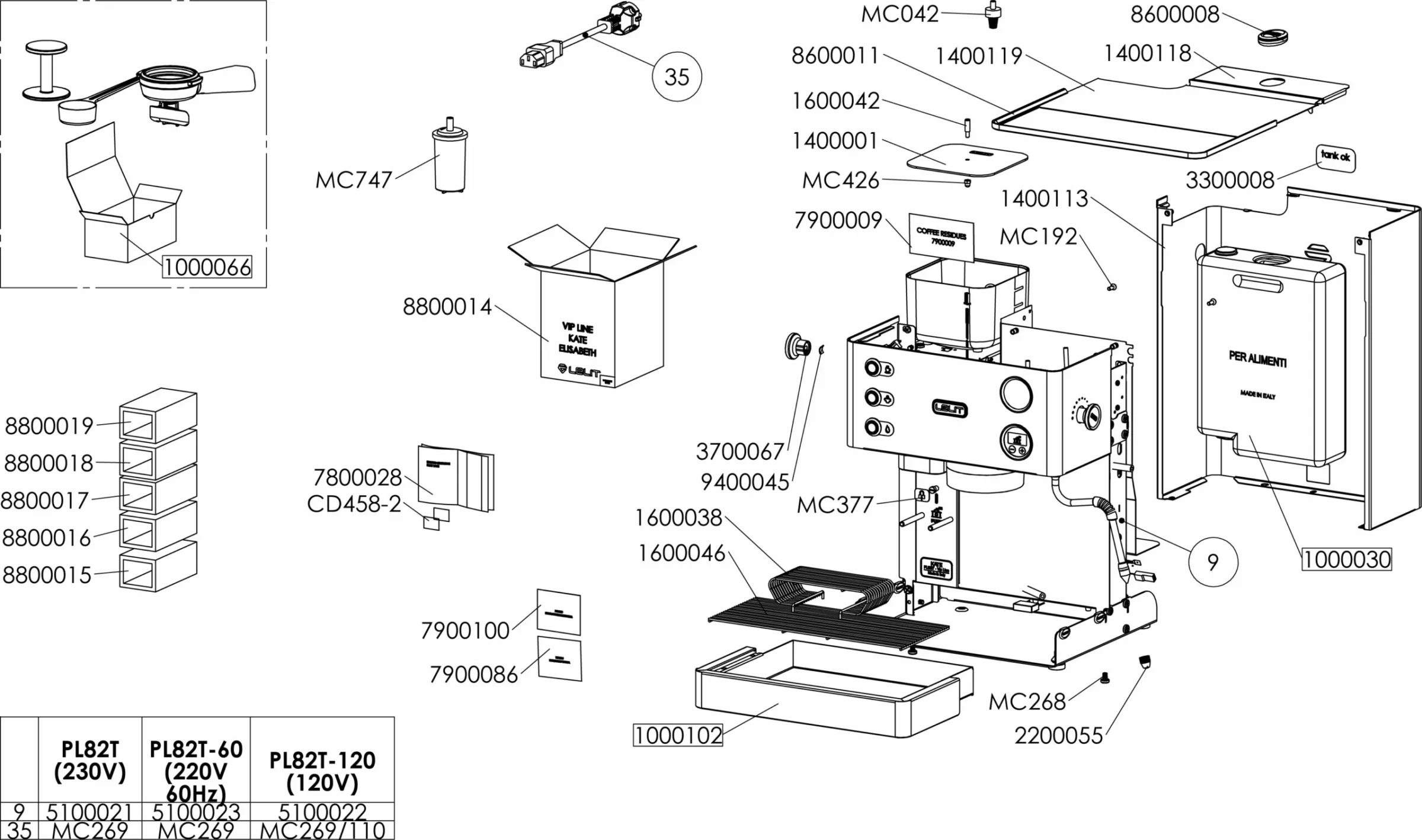 Exploded diagram of a coffee machine with labeled parts, including the water tank, drip tray, control panel, filters, and various internal components, each identified by part numbers for assembly or replacement. © 2025 1st-line.com