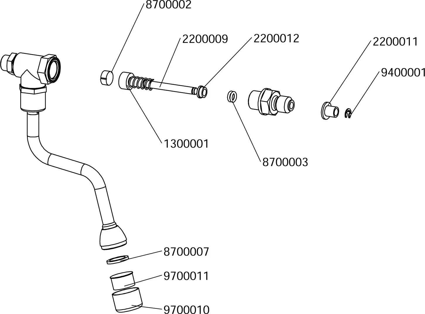 Exploded diagram of a faucet assembly, showing individual labeled parts such as spout, washers, nuts, and connectors with reference numbers for each component. © 2025 1st-line.com