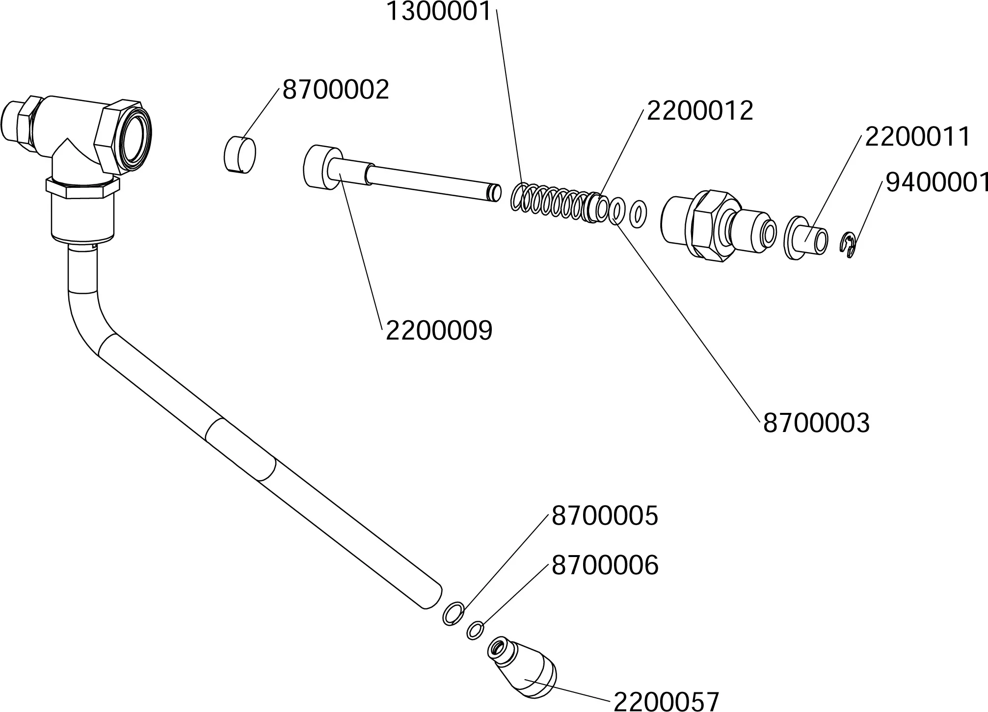 Exploded diagram of a mechanical assembly with labeled parts, including connectors, springs, washers, and a bent tube. Each component is identified with a reference number and shown separated from the main structure. © 2025 1st-line.com