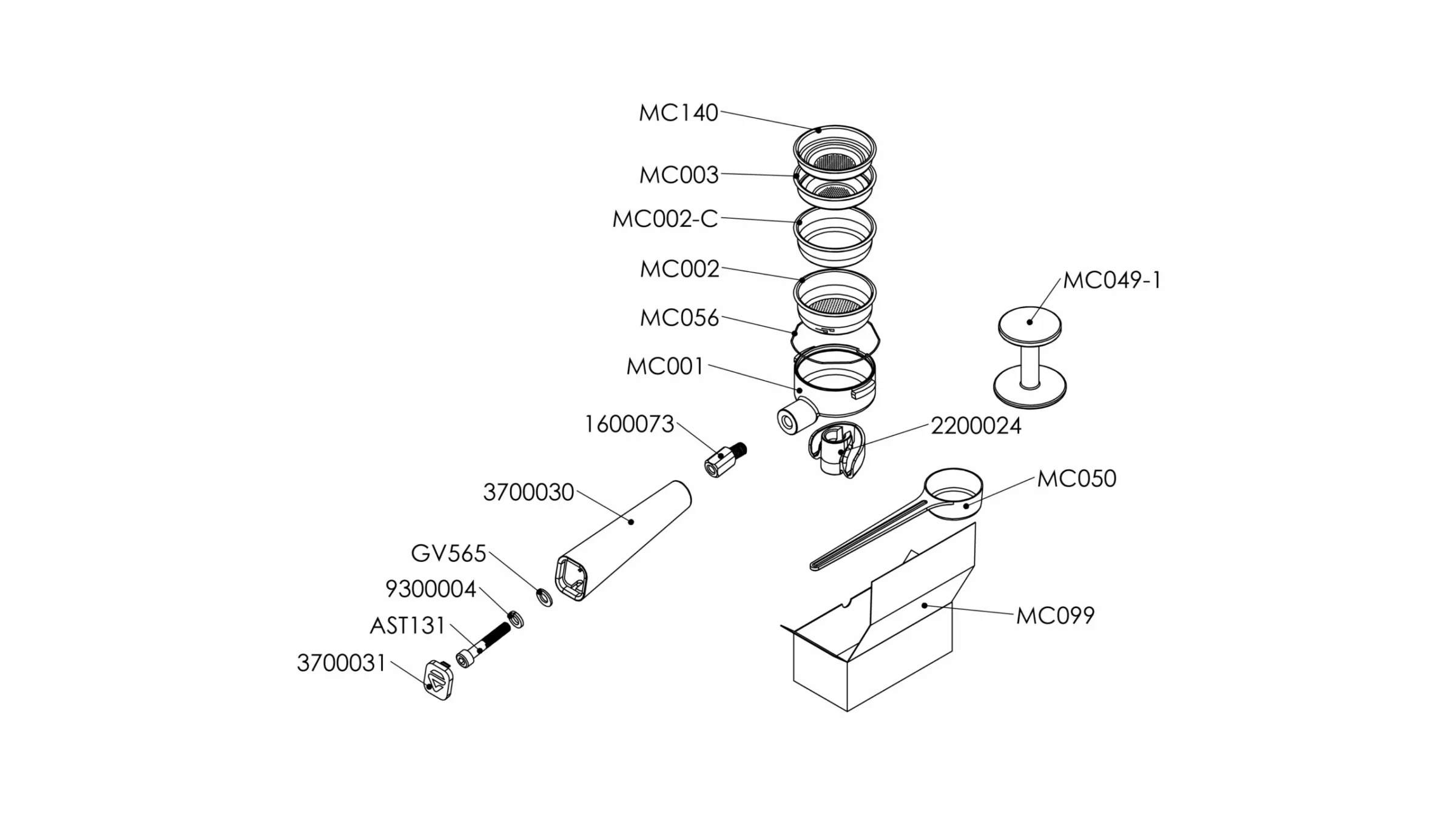 Exploded diagram of a mechanical assembly with labeled parts, including rings, rods, and a cylinder, each identified by alphanumeric codes such as MC140, MC001, GV565, 1600073, and more. © 2025 1st-line.com