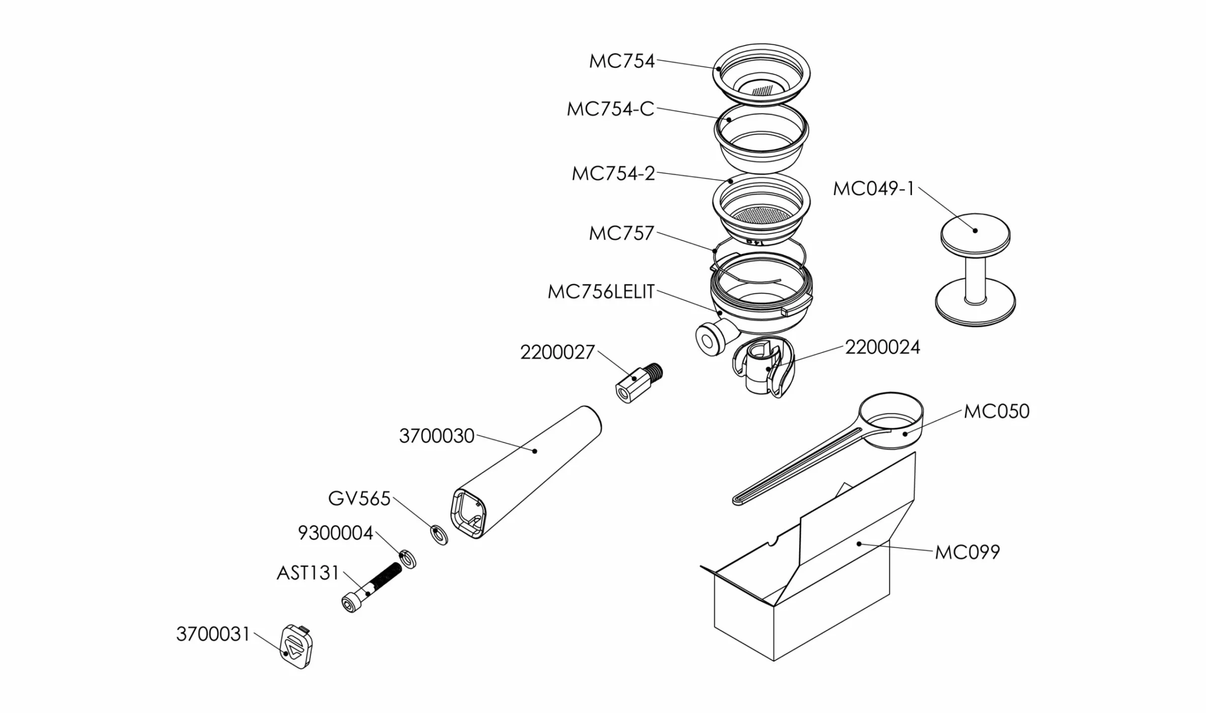 Exploded diagram of a mechanical assembly with labeled parts, including various rings, a cylinder, a rod, a box, and multiple components, each marked with alphanumeric codes for identification. © 2025 1st-line.com