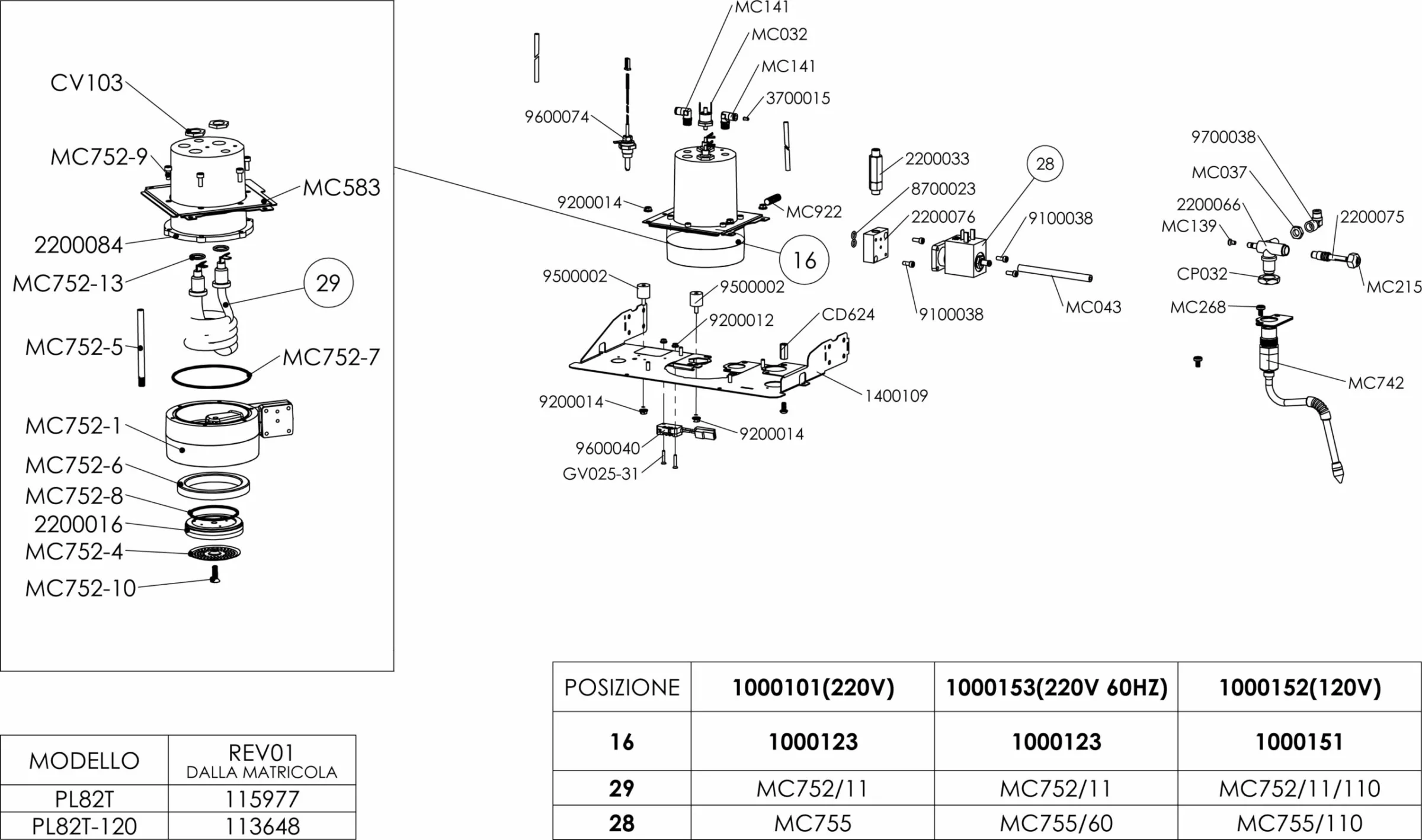 Exploded diagram of a mechanical assembly with labeled parts, reference numbers, and corresponding tables listing model numbers and part codes for different machine configurations. © 2025 1st-line.com