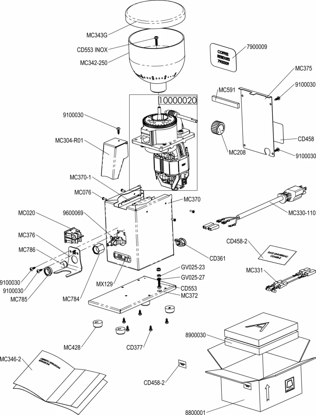 Exploded diagram of a mechanical device showing labeled parts including a motor, control panel, wires, screws, housing, and other components arranged for assembly. Labels and reference numbers identify each part. © 2025 1st-line.com