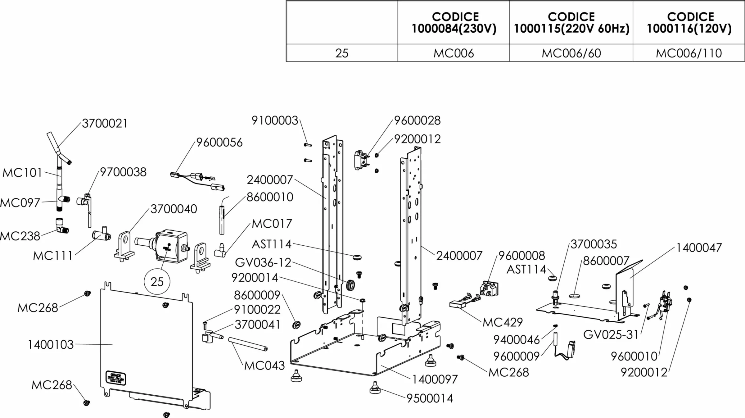 Exploded diagram of a mechanical device, showing labeled parts with reference numbers and codes. The top section lists codes for different voltage models. Individual components are spread around a central base unit. © 2025 1st-line.com