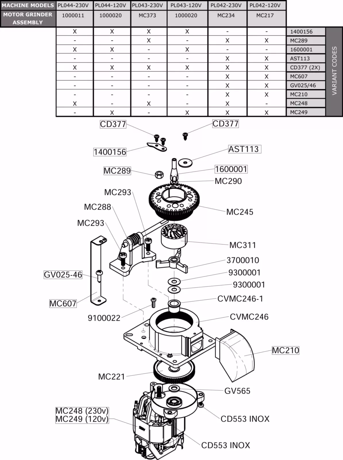 Exploded diagram of a motor grinder assembly shows labeled parts and codes, including gears, mounts, and the grinding mechanism. A table at the top left lists compatible machine models and variant codes. © 2025 1st-line.com