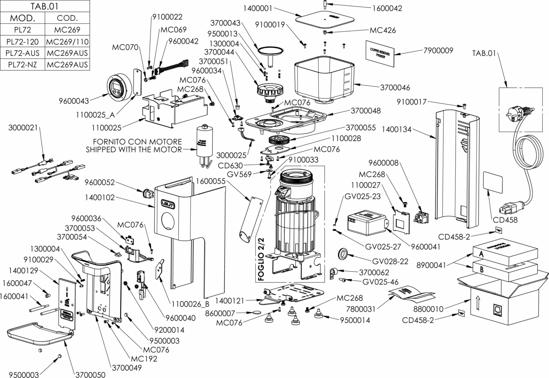 Exploded diagram of an appliance, showing labeled parts such as casing, motor, fan, controls, screws, wires, and other components, each with reference numbers and codes for assembly or repair. © 2025 1st-line.com