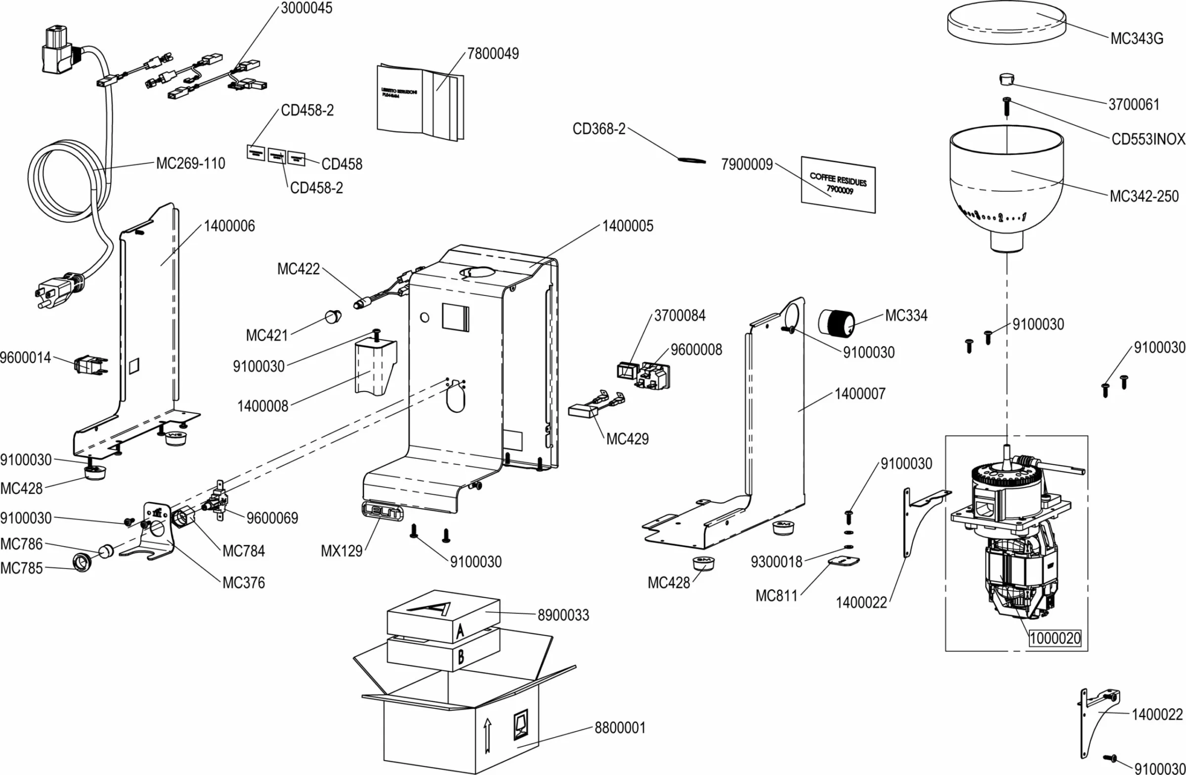 Exploded diagram showing labeled mechanical and electrical parts of a coffee grinder assembly, including motor, hopper, wiring, base components, fasteners, and packaging. Each part is numbered and detailed for identification. © 2025 1st-line.com