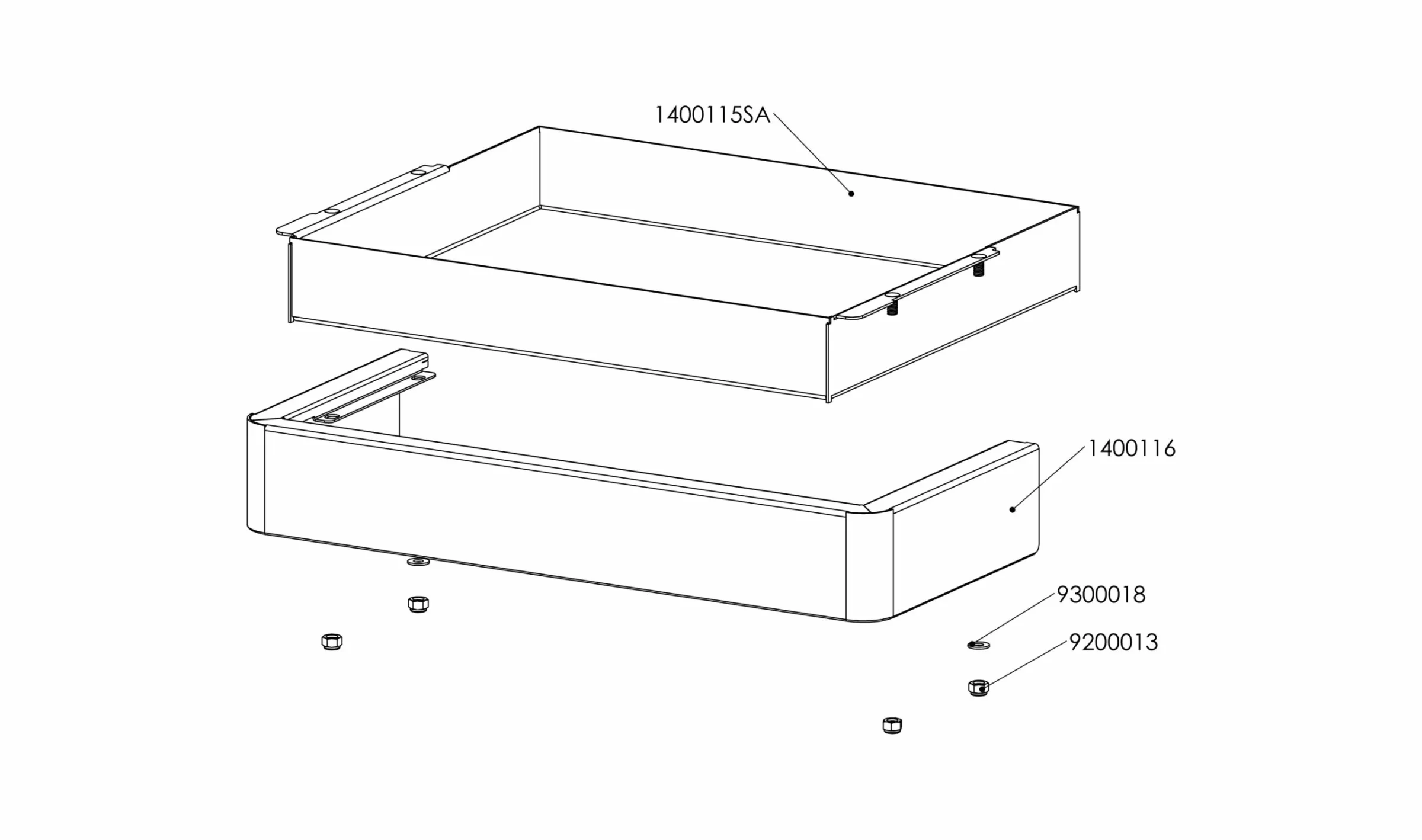 Exploded diagram showing two rectangular box components labeled 1400115SA and 1400116, with four screws labeled 9300018 and 9200013 positioned below for assembly. © 2025 1st-line.com