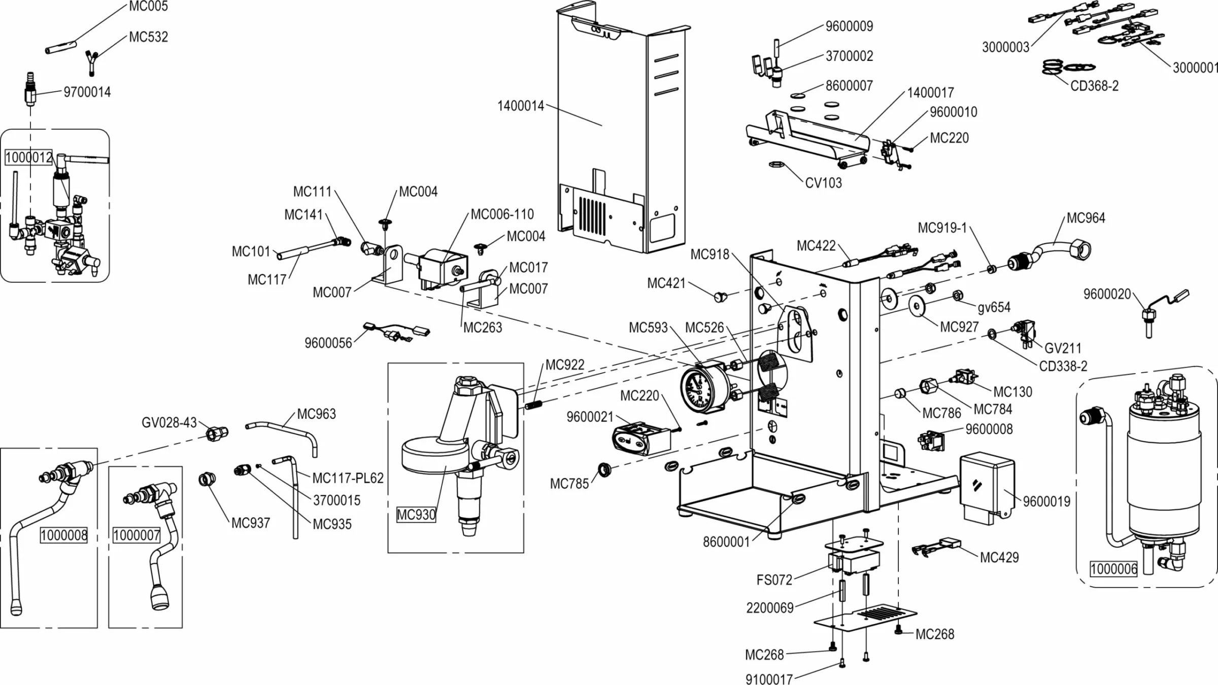 Exploded technical diagram of a coffee machine showing detailed parts, including screws, levers, and internal components, each labeled with identification numbers and codes for assembly or repair reference. © 2025 1st-line.com