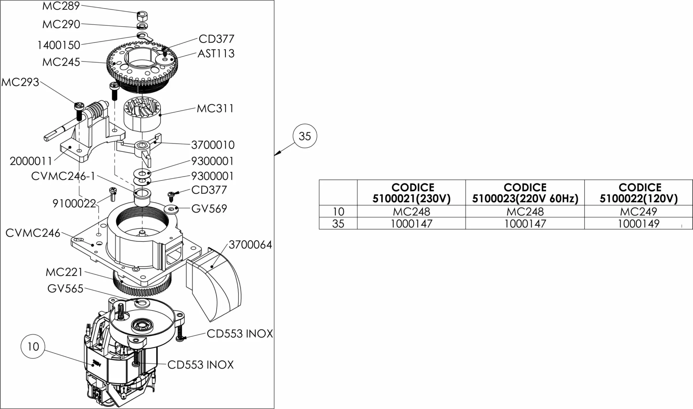Exploded technical diagram of a mechanical assembly with labeled parts and a table listing codes and part numbers for components MC248 and MC249 used in different voltage and frequency configurations. © 2025 1st-line.com