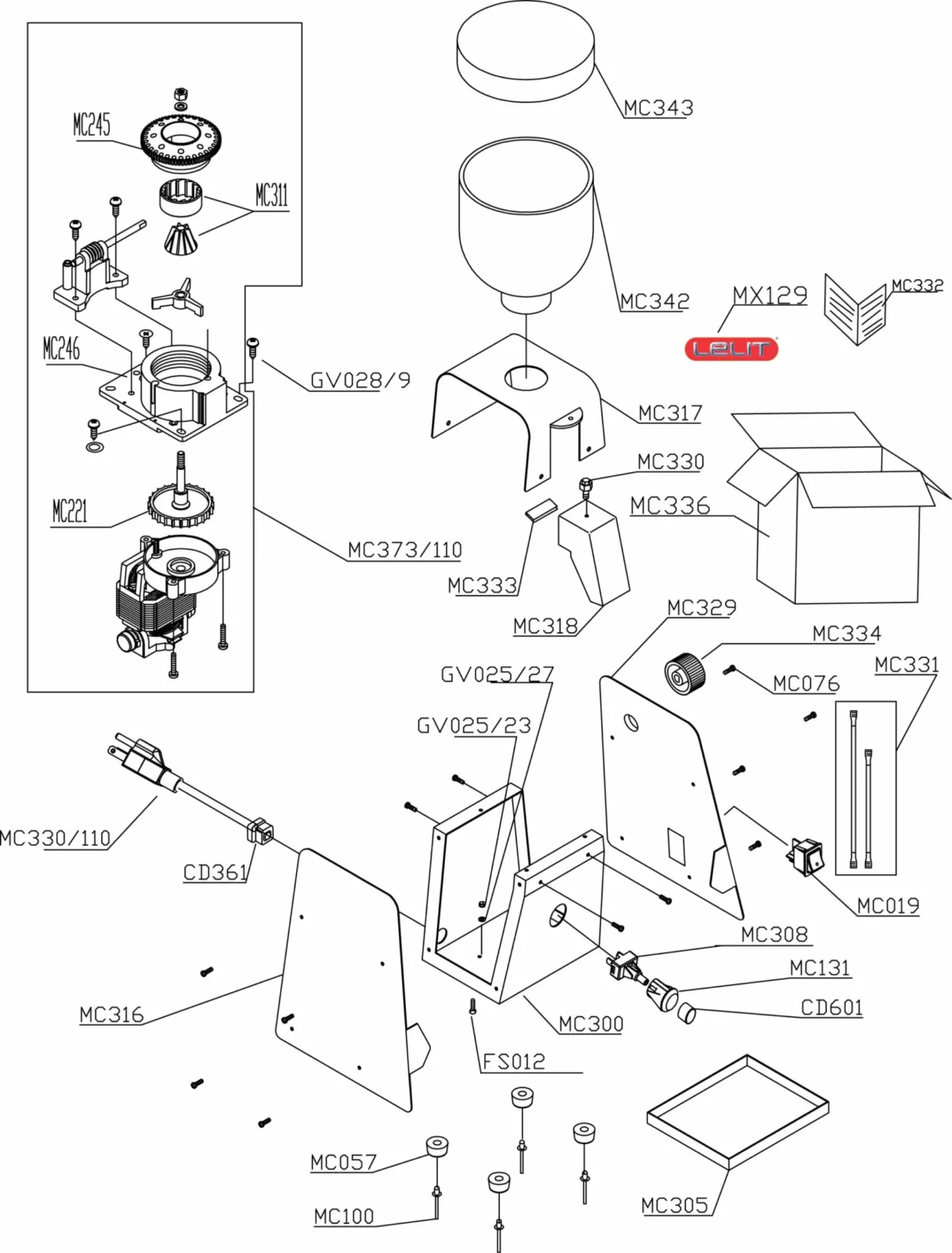 Exploded technical diagram showing labeled parts of a mechanical assembly, detailing components such as panels, bolts, brackets, a motor, a hopper, and various small hardware pieces with alphanumeric part codes. © 2025 1st-line.com