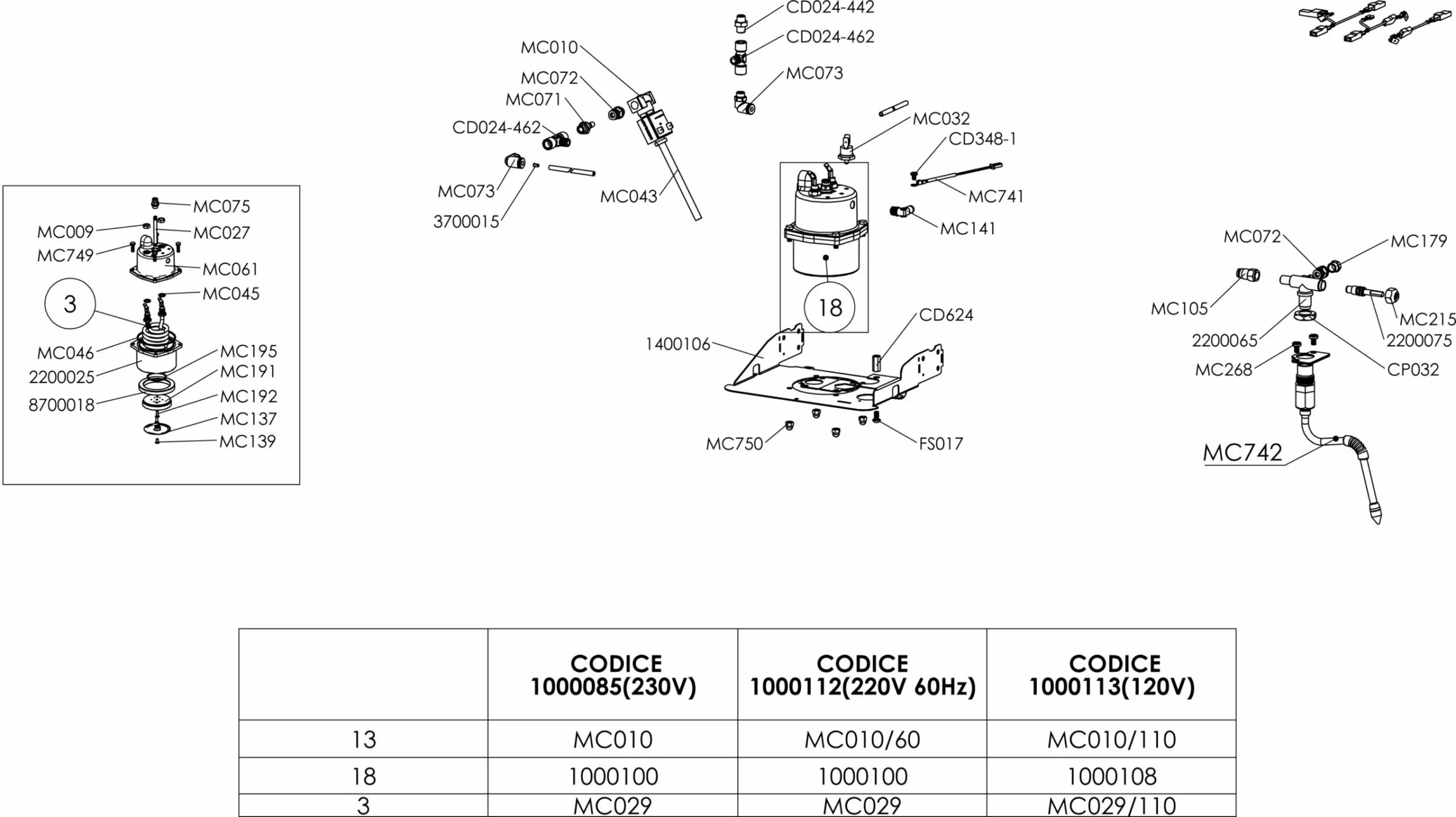 Exploded technical diagram showing parts of a mechanical or electrical component, labeled with part numbers and codes. There are arrows, a parts list table, and a detailed view of section 3 on the left. © 2025 1st-line.com