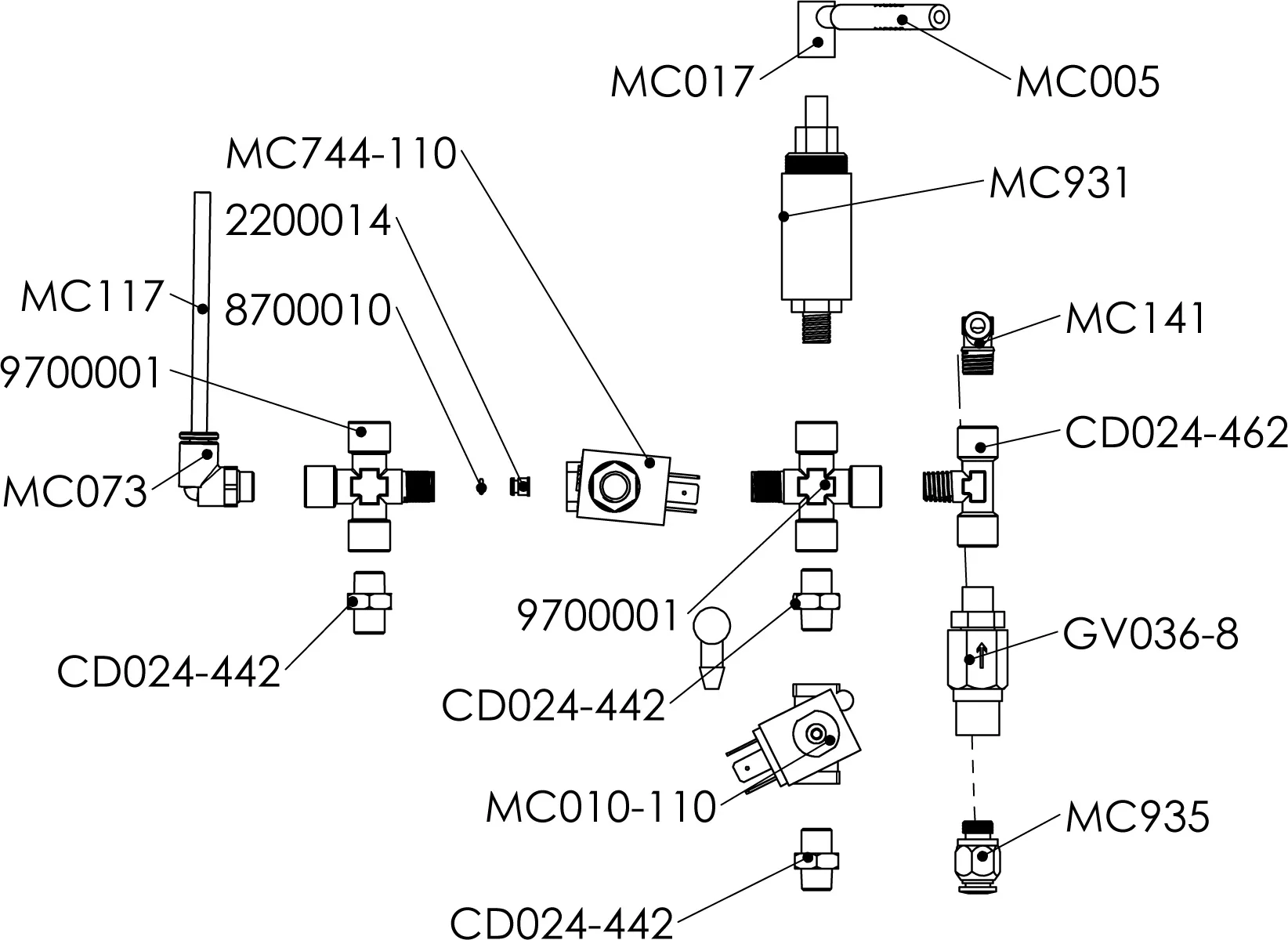 Technical diagram showing various labeled mechanical components, valves, connectors, and part numbers such as MC744-110, MC017, 2200014, MC117, 8700010, and CD024-442, arranged in an assembly layout. © 2025 1st-line.com