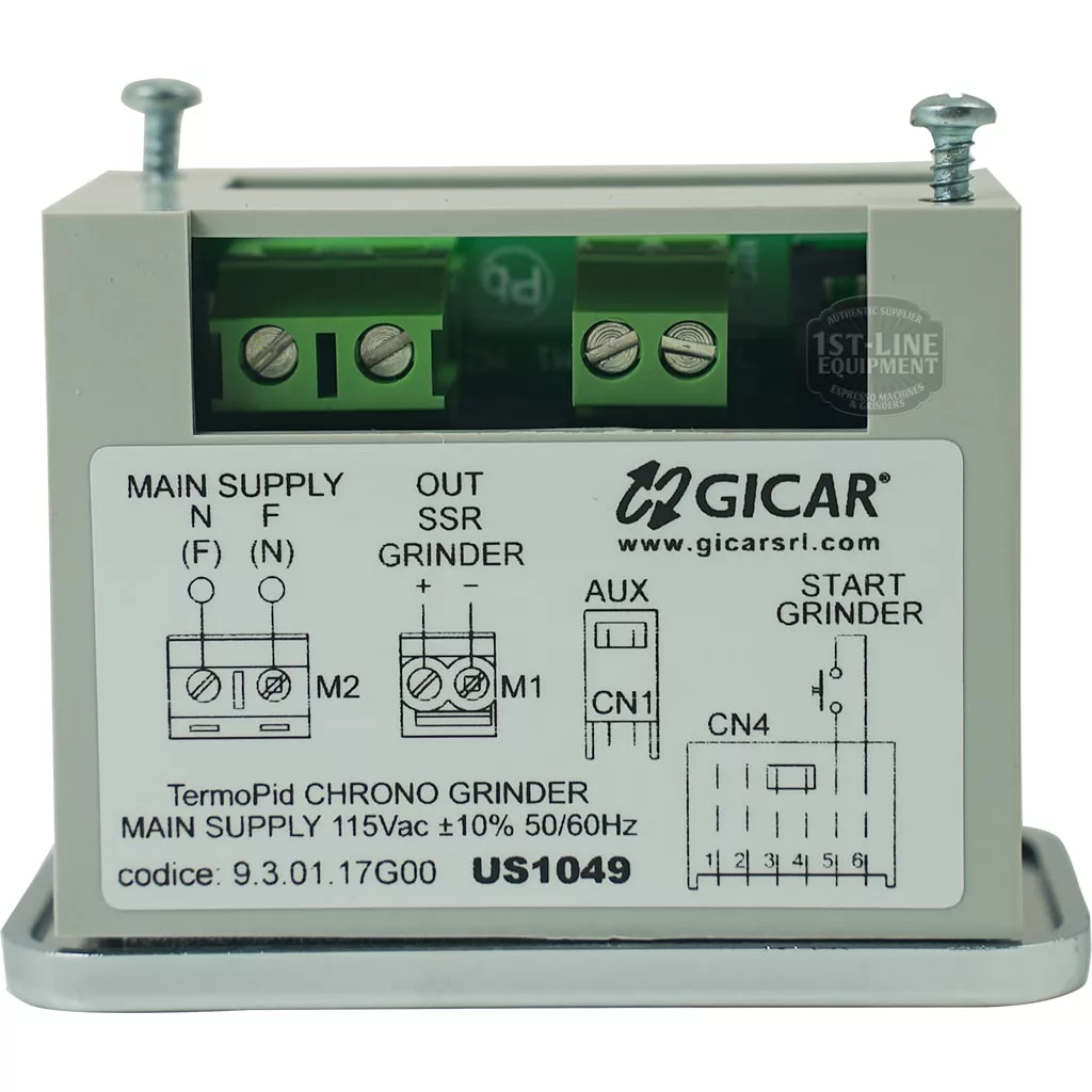 The ECM US1049 Electronic Control Display is an electrical control box for coffee grinders, with labeled terminals, a wiring diagram and specs on the front panel, plus two top mounting screws for easy installation. © 2025 1st-line.com