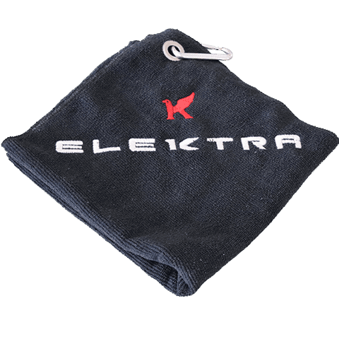 A black cloth featuring Elektra, a red bird logo, and a metal clip—one of the PREMIUM accessories for your discontinued Elektra Verve Dual Boiler Espresso Machine. © 2025 1st-line.com