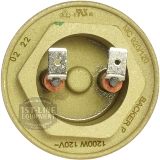 A close-up of the Lelit 4000038 120V 1200W Heating Elements circular gold-colored base with two terminals labeled 120V and BACKER P, plus markings—perfect for repairing Lelit espresso machines. © 2025 1st-line.com