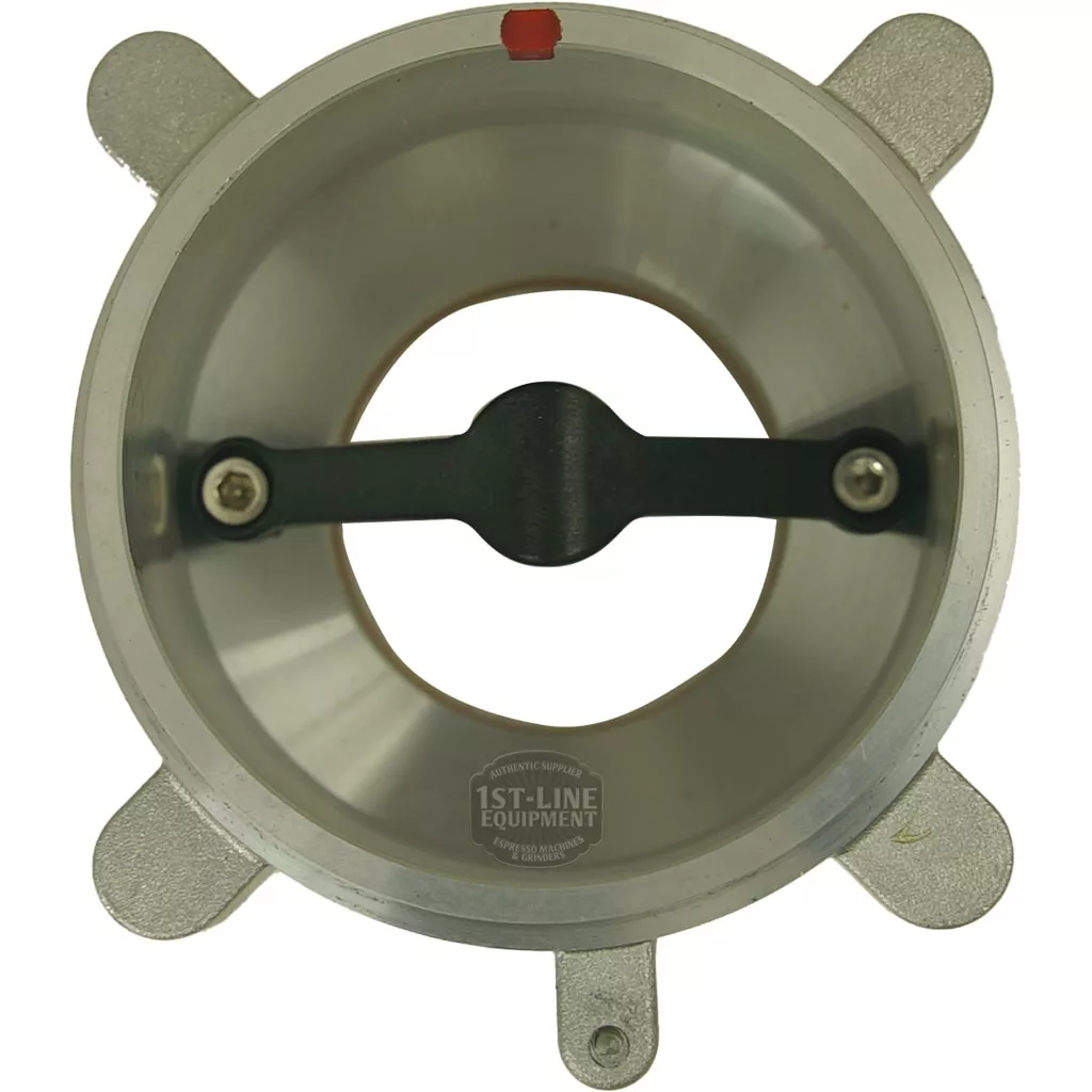 A metallic circular part from the DISCONTINUED Fiorenzato All Ground Espresso Coffee Grinder features a central black bar with two screws, three rim tabs, a red mark, and 1st-Line Equipment branding inside the circle. © 2025 1st-line.com