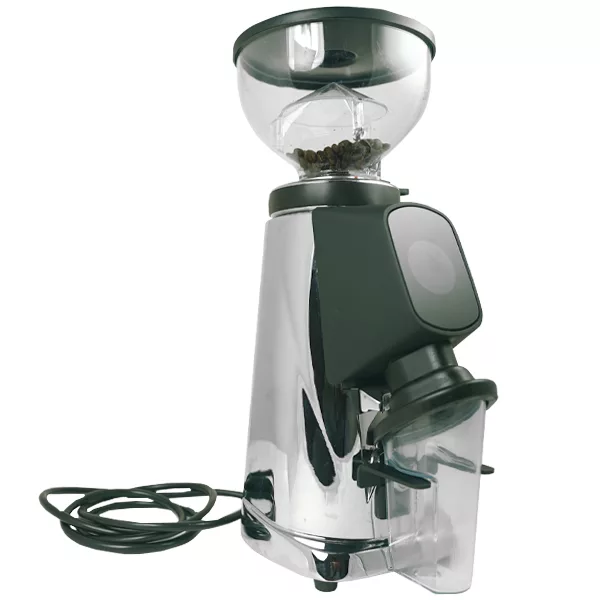 A silver DISCONTINUED Fiorenzato All Ground Espresso Coffee Grinder features a clear bean hopper with beans, black control panel, transparent grounds container, and a coiled black power cord beside it. © 2025 1st-line.com