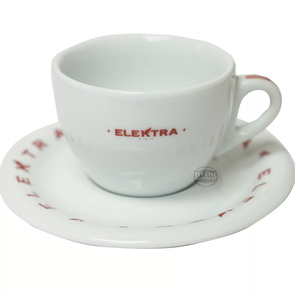 Classic white ceramic Elektra espresso cup and saucer set, featuring the signature red ELEKTRA logo on both the cup and saucer. Perfect for serving your favorite espresso or as a stylish cappuccino cup. © 2025 1st-line.com