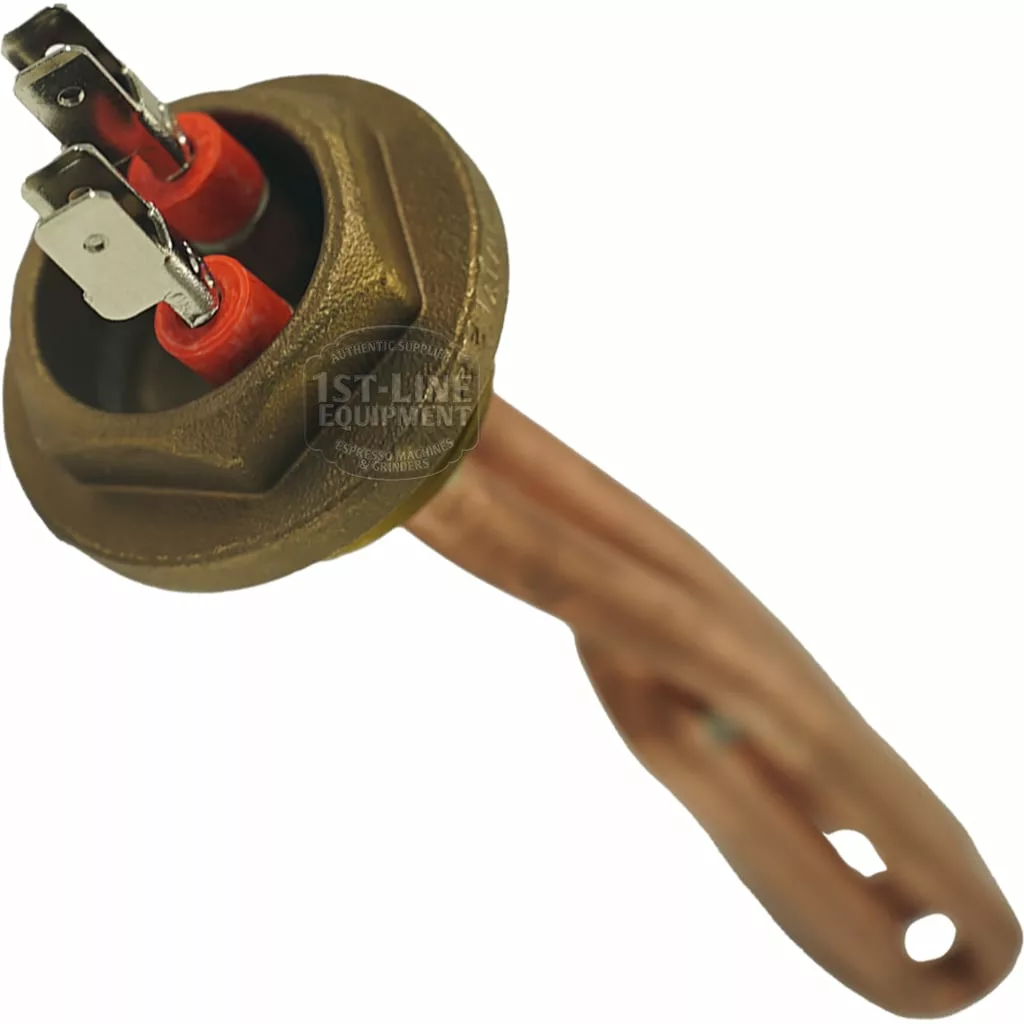 Close-up of a copper and brass temperature sensor probe with two red and silver connectors, designed for the Bezzera 5721127AL 110V 1350W Heating Element used in espresso machines and similar equipment. © 2025 1st-line.com