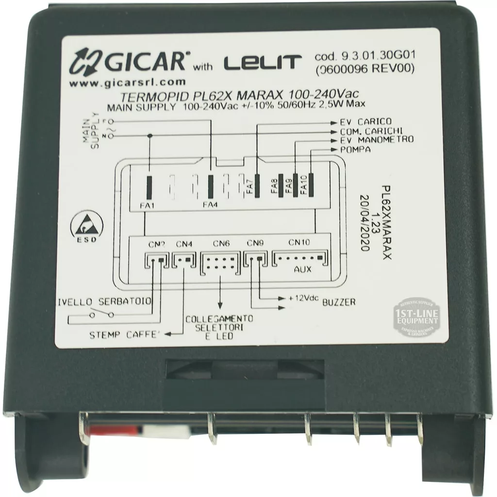 Close-up of a DISCONTINUED Gicar PR00709 Brain Unit (9.3.01.46G) with wiring diagram and technical details, used in Lelit Mara X PL62X espresso machines; several labeled connectors and ports are visible at the bottom. © 2025 1st-line.com