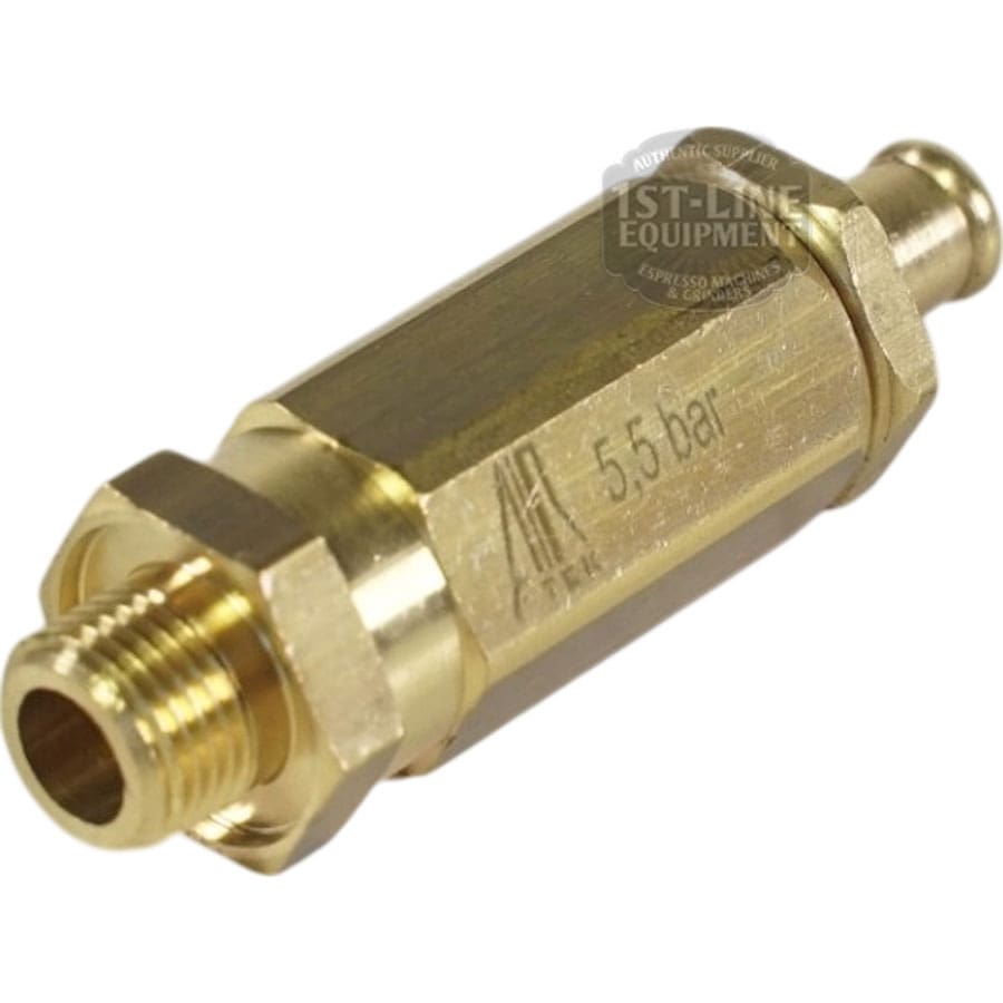 Close-up of the Lelit 9700043 Safety Valve, featuring 5.5 bar rating, 1/8G threading on one end, and a hose barb on the other. The brass side displays the manufacturers logo. © 2025 1st-line.com