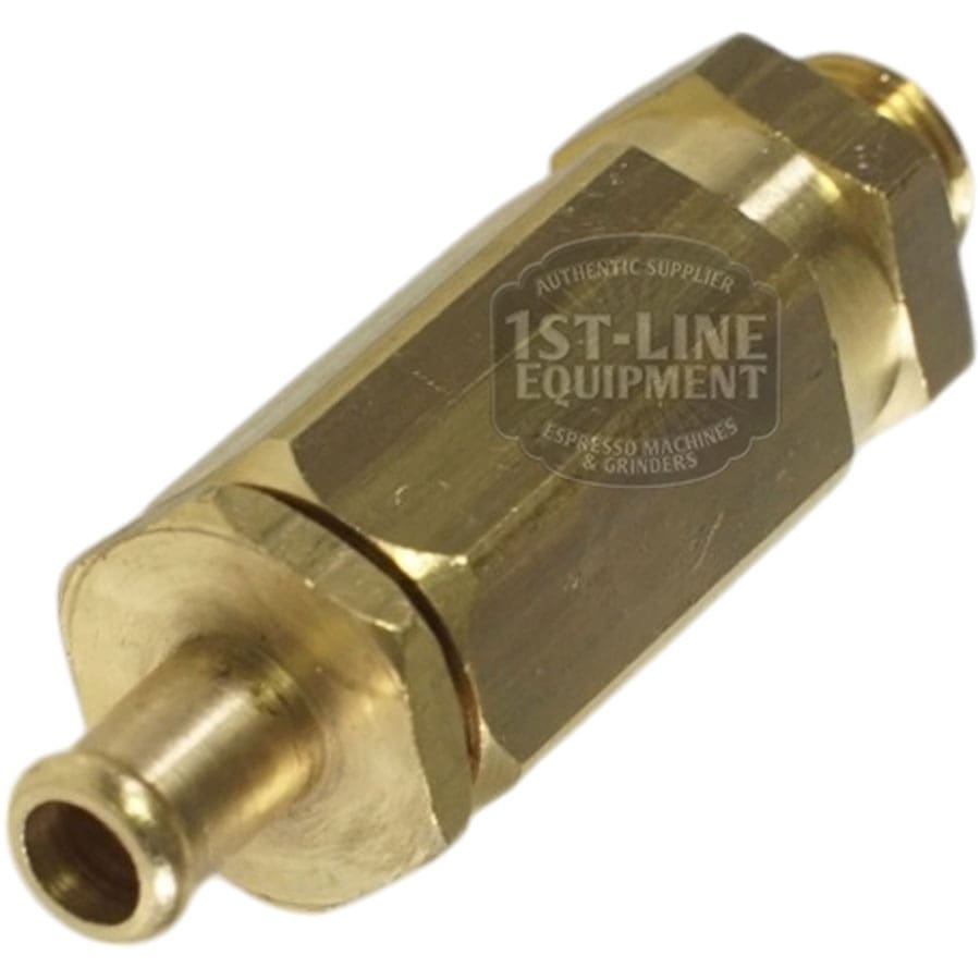 Close-up of the Lelit 9700043 Safety Valve—5.5 Bar, 1/8G threaded—showing its brass body, hexagonal middle, and faintly visible 1st-Line Equipment logo on the side. Suitable for espresso machines. © 2025 1st-line.com