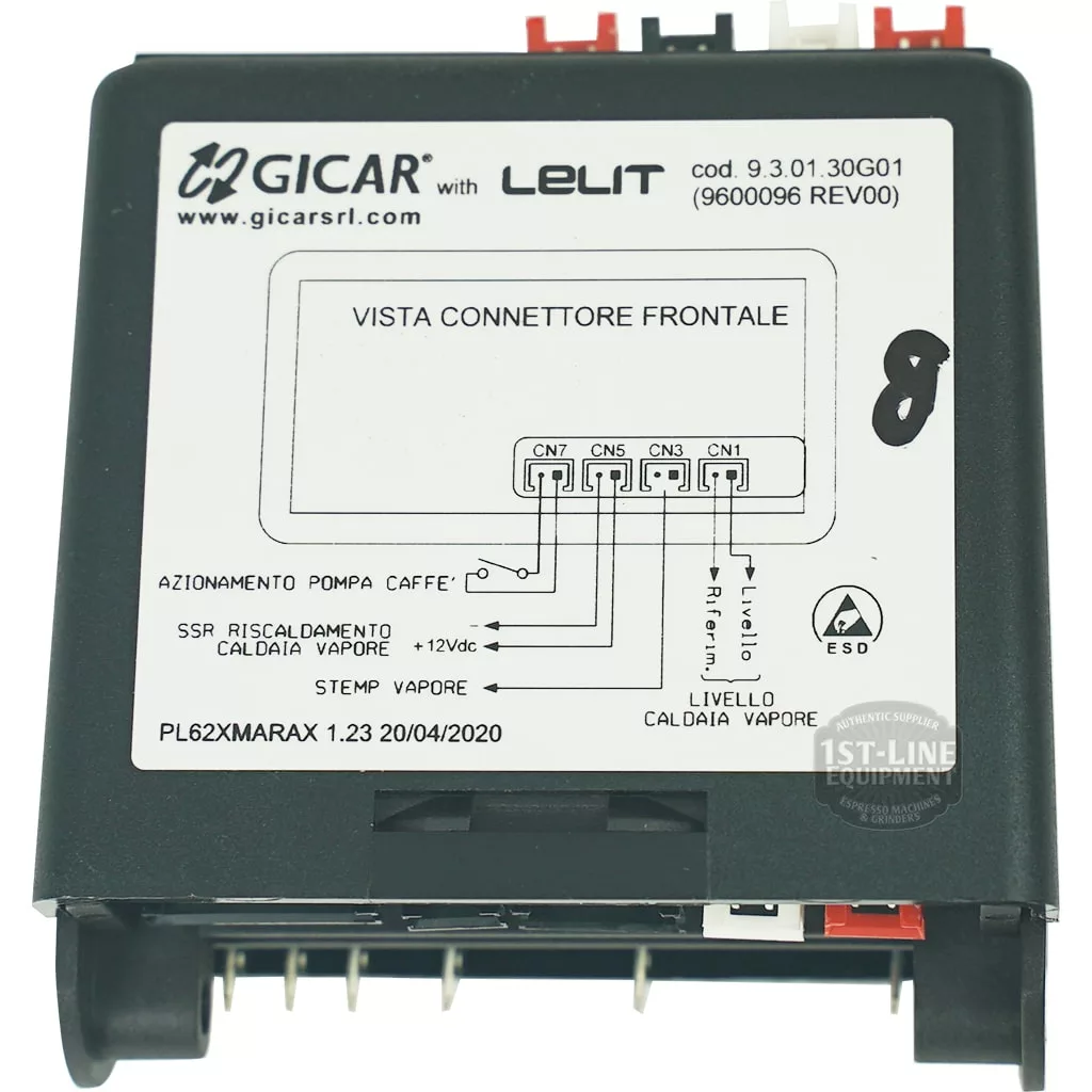 DISCONTINUED Gicar PR00709 Brain Unit (9.3.01.46G) for Lelit Mara X PL62X: black & white control module with CN1–CN5 connectors, wiring diagram, and technical details for coffee machines; some wires/contacts visible at top. © 2025 1st-line.com