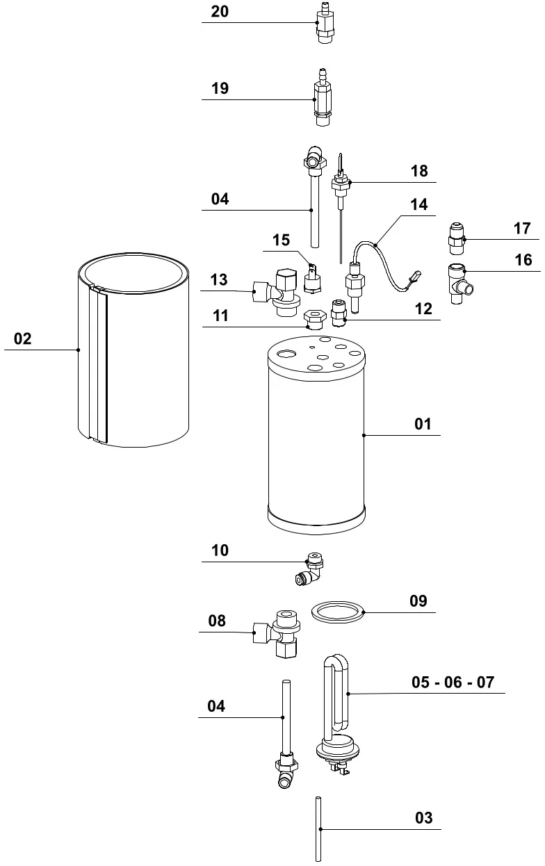 Exploded diagram of a cylindrical mechanical filter assembly with numbered components, including canisters, valves, connectors, sensors, gaskets, and small fittings, all labeled for identification. © 2025 1st-line.com