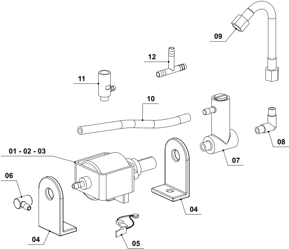 Exploded diagram of a mechanical assembly with labeled parts, including brackets, a pump or valve, connectors, fittings, a hose, and other components. Parts are numbered 01 to 12 and shown separated for clarity. © 2025 1st-line.com