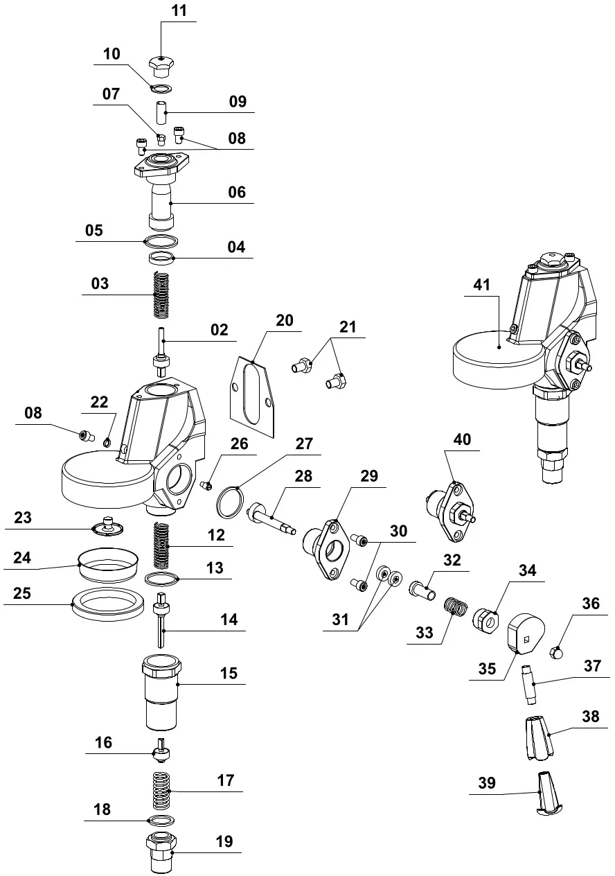 Exploded diagram of a mechanical device with numbered parts, including screws, springs, gaskets, housing components, and washers, arranged separately to illustrate assembly order and internal structure. © 2025 1st-line.com