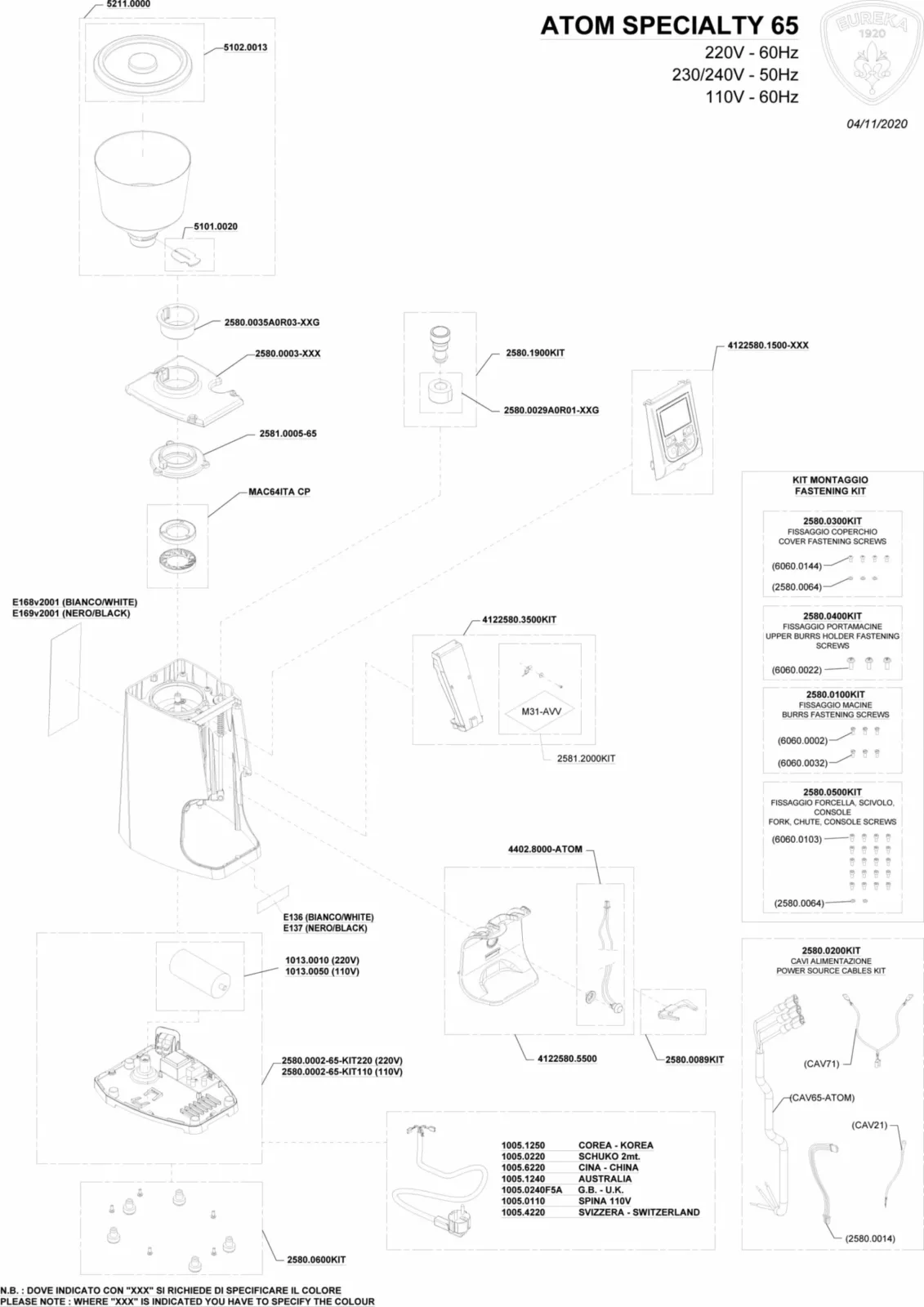Exploded diagram of the Atom Specialty 65 coffee grinder, showing labeled parts such as the hopper, burrs, housing, electronic components, and screws, with a parts list and technical specifications on the right side. © 2025 1st-line.com
